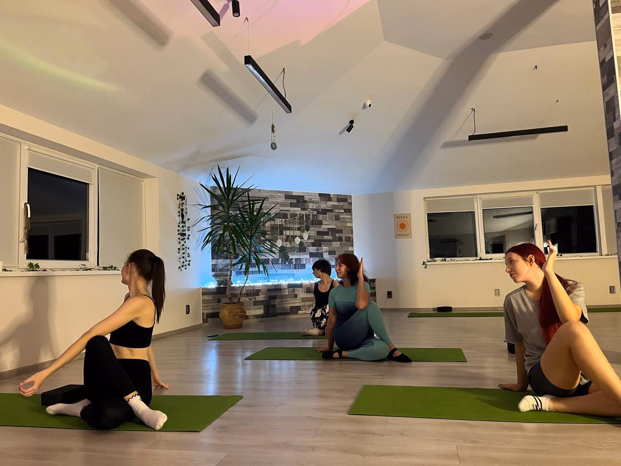 Групове заняття хатха-йогою, скручування сидячи